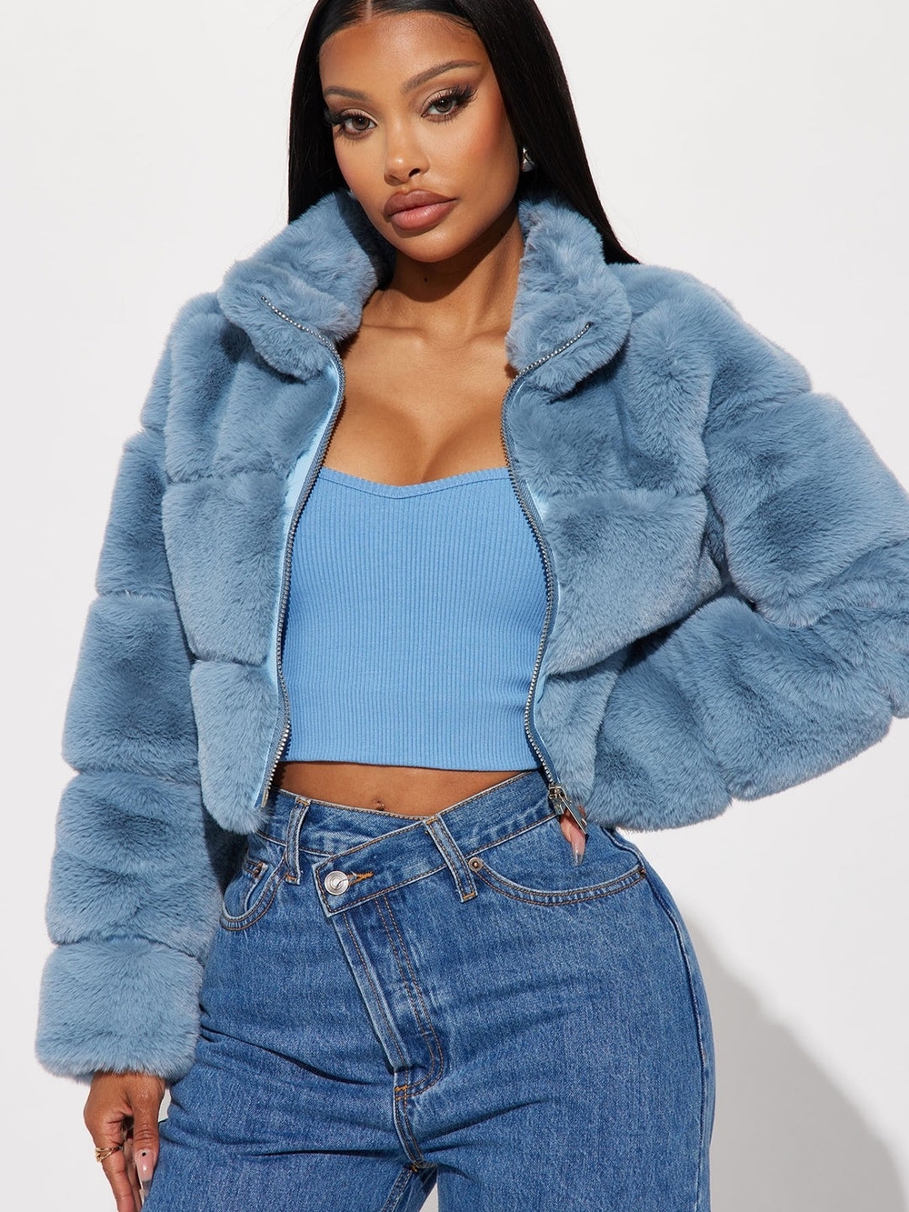 Ella Faux Fur Jacket- Slate Blue